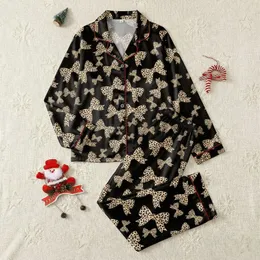 Women's Chic Black Beige-Tan Leopard Spot Bow Illustrative Design Satin Pajamas Set
