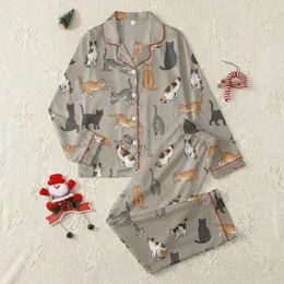 Women's Muted Beige-Taupe Seamless Scatter Pattern with Illustrative Hand-Drawn Ginger, Calico & Tuxedo Cats Satin Pajamas Set
