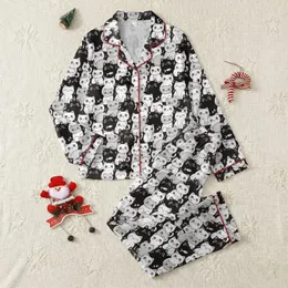 Cat Lovers' Playful Black White Grey Cartoon Cats Light Blue Eyes Pink Cheeks All-Over Print Satin Pajamas Set