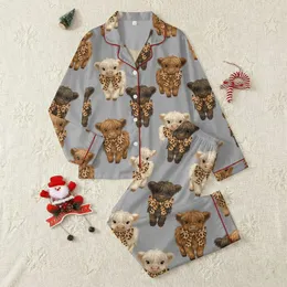 Whimsical Animal Lovers' Heather Grey Fluffy Highland Cow Calf Leopard Print Bow Pattern Satin Pajamas Set