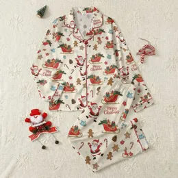 Holiday Enthusiasts' Whimsical Santa Sleigh & Gingerbread Pattern with Red, Green, Blue on Cream Satin Pajamas Set