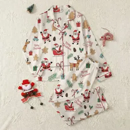 Women's Whimsical Hand-Drawn Cream Christmas Santa Sleigh Gingerbread Candy Cane Pattern Satin Pajamas Set