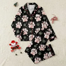 Dog Lovers' Whimsical Watercolor Paw Print & Cherry Blossom Pattern with Hand-Drawn Pet Quote Satin Pajamas Set
