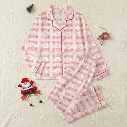 Women's Sweet Pastel Pink Creamy Off-White Cable Knit Bear Hearts Happy Text Pattern Satin Pajamas Set