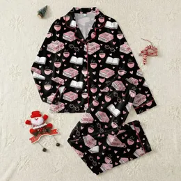 Book Lovers' Whimsical Black Pink Literary Pattern: Pink Book Stacks, Reading Glasses, Coffee Cups & Hearts Satin Pajamas Set