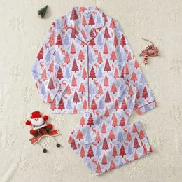 Folk Art Christmas Forest: Coral Red Periwinkle Hand-Drawn Deer & Snowflakes Satin Pajamas Set