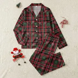 Women's Festive Crimson Red Forest Green Tartan Plaid Minimalist Reindeer Star Christmas Tree Graphic Satin Pajamas Set