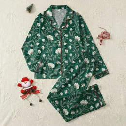 Women's Deep Emerald Green Off-White Beige Taupe Illustrative Botanical Floral Pattern Satin Pajamas Set