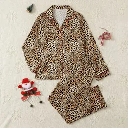 Women's Illustrative Warm Brown Tan Leopard Print with Stylized Cohesive Bow Pattern Satin Pajamas Set