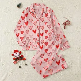 Women's Whimsical Scattered Vibrant Red Hearts with Outline & Dotted Texture on Blush Satin Pajamas Set