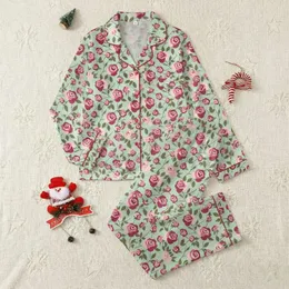 Women's Classic Illustrative Flat Art Pink & Crimson Rose Pattern with Olive Leaves on Mint Green Satin Pajamas Set