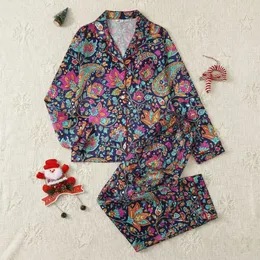 Women's Vibrant Jewel-Tone Indian Paisley Floral Scroll Pattern on Navy Satin Pajamas Set