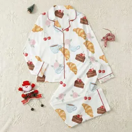 Dessert Lovers' Whimsical Watercolor Golden Croissant Blue Coffee Cake Cherry Pink Rose Pattern Satin Pajamas Set