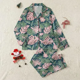 Women's Deep Teal Tropical Foliage Muted Rose Pink Orchid Botanical Print Satin Pajamas Set