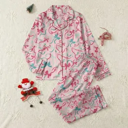 Women's Whimsical Scattered Bows & Ribbons Pattern in Vibrant Red Fuchsia Teal Mint on Pink Satin Pajamas Set