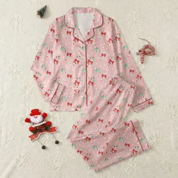 Women's Cheerful Pastel Pink Candy Cane Bow White Polka Dot Holiday Pattern Satin Pajamas Set