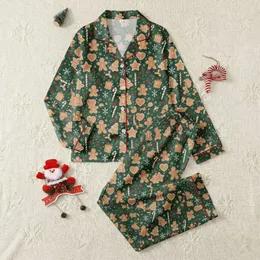 Women's Festive Forest Green Gingerbread Men Holly Candy Cane Snowflake Pattern Satin Pajamas Set