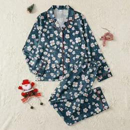 Women's Elegant Organic White & Blush Pink Blossom Deep Petrol Blue Botanical Tapestry Satin Pajamas Set