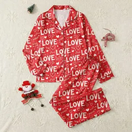 Women's Vibrant Red Love Text Hearts XOXO Arrows Dotted Pattern Satin Pajamas Set