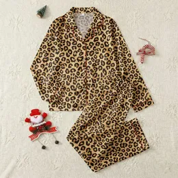 Women's Organic Leopard Spot Pattern, Warm Golden-Beige, Deep Black Outline, Dark Brown Satin Pajamas Set