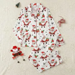Festive Fun: Cheerful Santa Waving, Winking, Candy Cane, Red Berry Holiday Loungewear Satin Pajamas Set