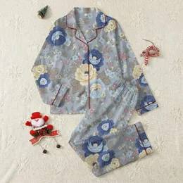 Women's Elegant Traditional Floral Indigo Blue Creamy Yellow Roses Pastel Pink Blooms Muted Light Blue Pattern Satin Pajamas Set