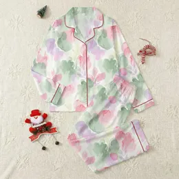 Women's Ethereal Pastel Pink Sage Green Watercolor Blended Organic Cloud Petal Design Satin Pajamas Set