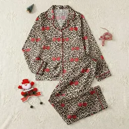 Women's Seamless Beige Black Leopard Spot Red Cherry Cluster Pink Ribbon Illustrative Pattern Satin Pajamas Set