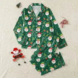 Women's Forest Green Cartoon Santa & Elf Hat Candy Cane Gingerbread Gold Snowflake Design Satin Pajamas Set