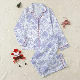 Women's Intricate Chinoiserie Cobalt Blue Peony & Bird Botanical Pattern Satin Pajamas Set