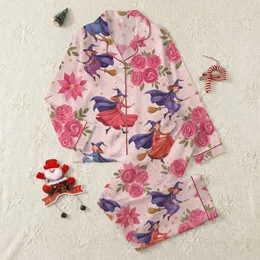 Adults' Whimsical Purple Witch & Fuchsia Rose Floral Gold Star Pink Pattern Satin Pajamas Set
