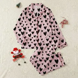 Whimsical Scattered Black Hearts - Playful Pastel Pink Style Satin Pajamas Set