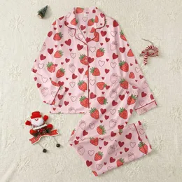 Women's Pastel Pink Whimsical Strawberry Heart All-Over Pattern Bright Red Green Maroon Outlines Satin Pajamas Set