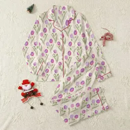 Women's Soft Hand-Drawn Orchid Fuchsia Lavender-Pink Tulip Floral Sage Leaf Beige Blush Print Satin Pajamas Set