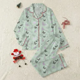 Women's Soft Pale Mint Green Whimsical Lavender Butterfly & Delicate Charcoal Outlined Floral Sprigs Satin Pajamas Set