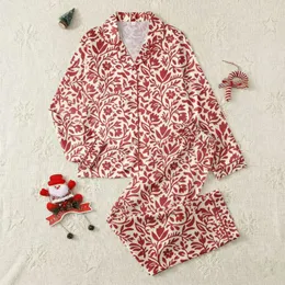 Women's Hand-Drawn Crimson Floral Bloom & Vine Pattern on Cream Off-White Satin Pajamas Set