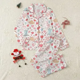 Women's Whimsical Retro Blush Pink Red Cherry Heart Cowboy Boot XOXO Pattern Satin Pajamas Set