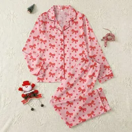 Women's Whimsical Bubblegum Pink Red Hand-Drawn Bows & Hearts Graphic Pattern Satin Pajamas Set