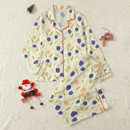 Women's Illustrative Hand-Drawn Tulip Floral Pattern, Blue-Violet & Peach-Orange on Creamy Yellow Satin Pajamas Set