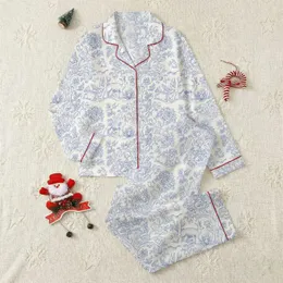 Women's Dusty Cornflower Blue Off-White Toile de Jouy Forest Animal Cottages Scene Satin Pajamas Set
