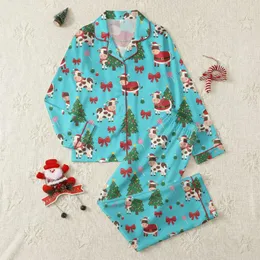 Women's Whimsical Christmas Cow, Lollipop & Tree Cyan & Red Festive Pattern Satin Pajamas Set