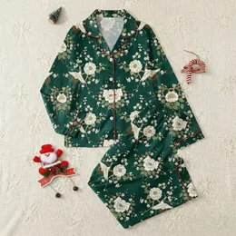Women's Emerald Green Chinoiserie Cranes Camellia Cherry Blossom Floral Satin Pajamas Set