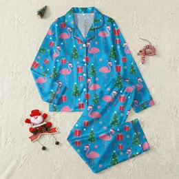 Whimsical Christmas Flamingo: Hot Pink Flamingos, Santa Hats, Emerald Trees, Red Gift Boxes Holiday Theme Satin Pajamas Set