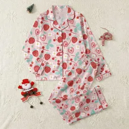 Women's Cheerful Pastel Pink Whimsical Red Strawberry, Teal Leaf & White Blossom Pattern Satin Pajamas Set