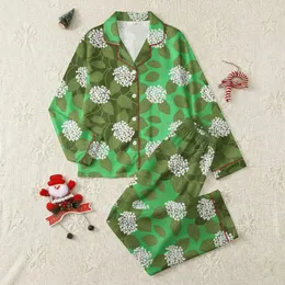 Women's Vintage Illustrative Emerald Olive Green Botanical Hydrangea Leaf Pattern Satin Pajamas Set