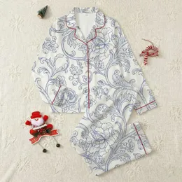 Women's Muted Indigo Blue & Cream Toile de Jouy Engraved Botanical Floral Pattern Satin Pajamas Set