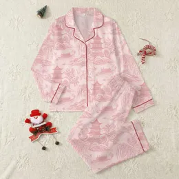 Dusty Rose & Soft Blush East Asian Toile Landscape: Pagodas, Deer, Cranes Wearable Motif Satin Pajamas Set