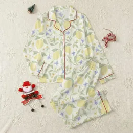 Women's Illustrative Pale Yellow Lemon, Sage Leaf & Periwinkle Blossom Repeat Pattern Satin Pajamas Set