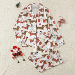 Women's Whimsical White Christmas Dachshund Dog Festive Holiday Pattern with Red Santa Hats Green Scarves Satin Pajamas Set