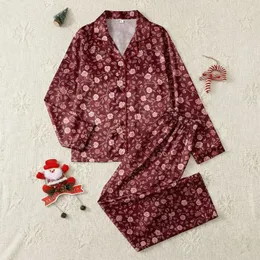 Vintage Charm: Maroon Rose & Berry Hand-Drawn Floral Motif Satin Pajamas Set